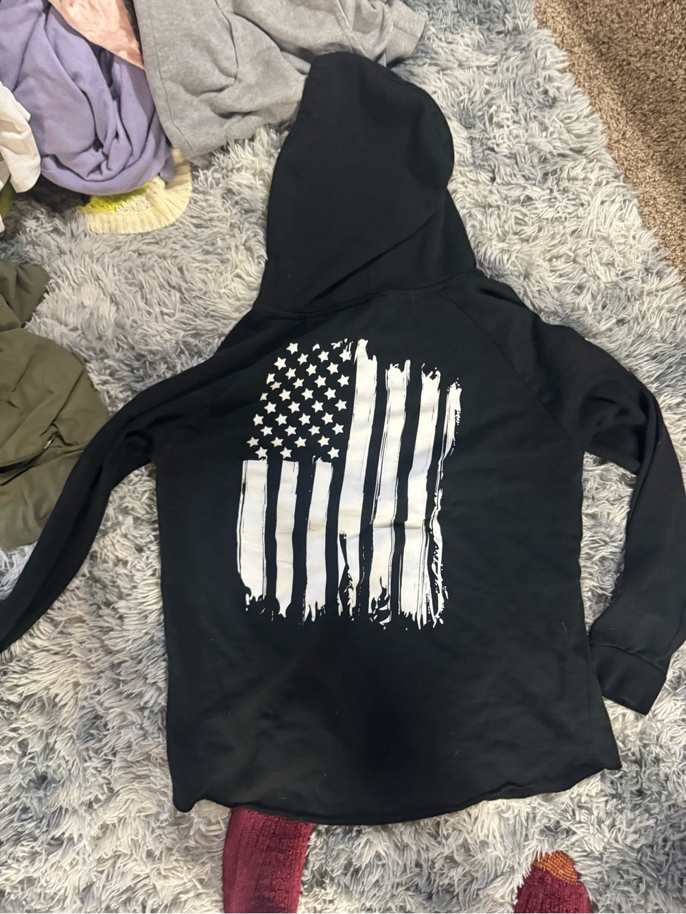 Black Hoodie with Distressed White American Flag